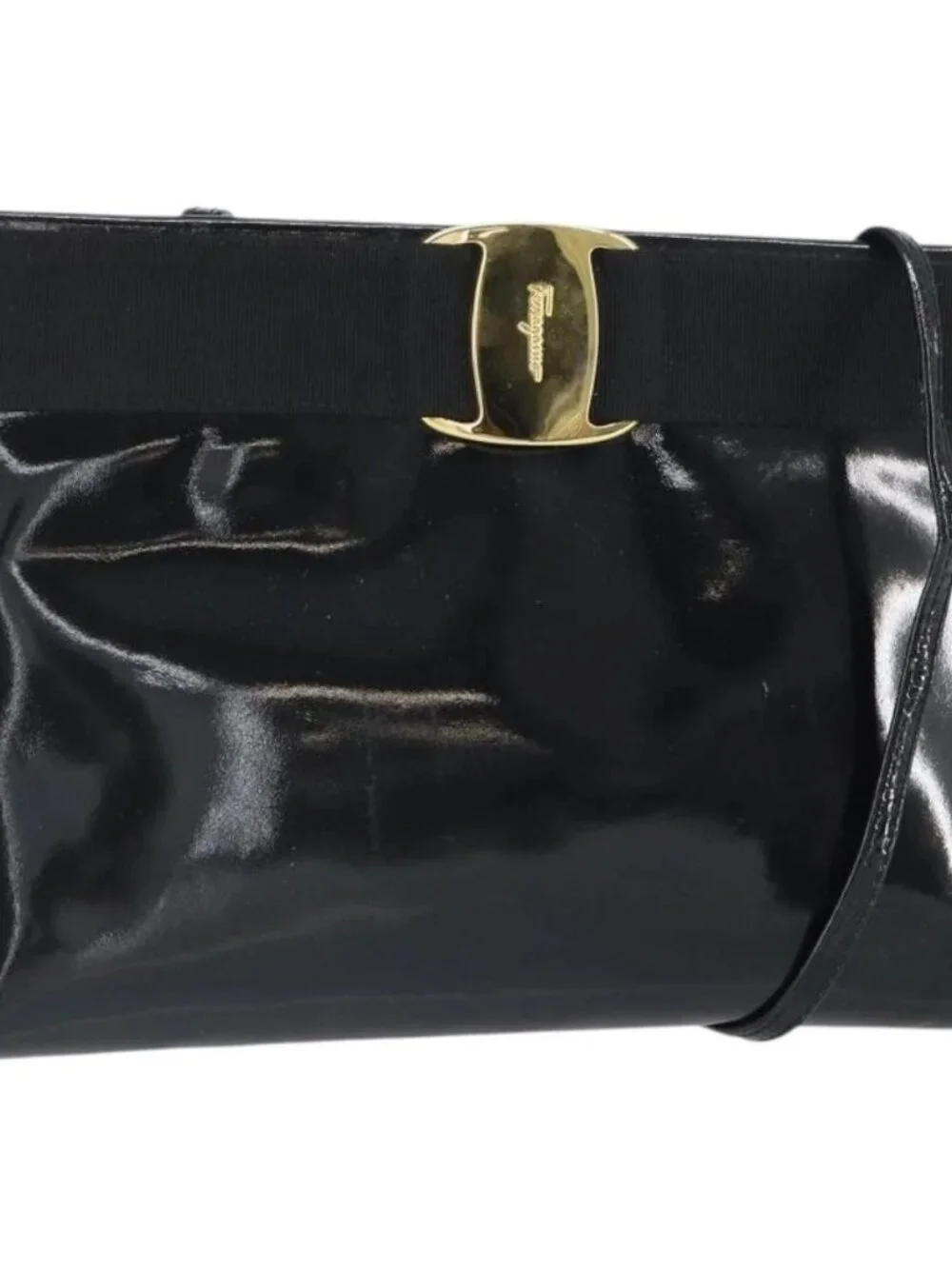 Salvatore Ferragamo Vala Shoulder Bag Patent leather Black Gold Auth 164441